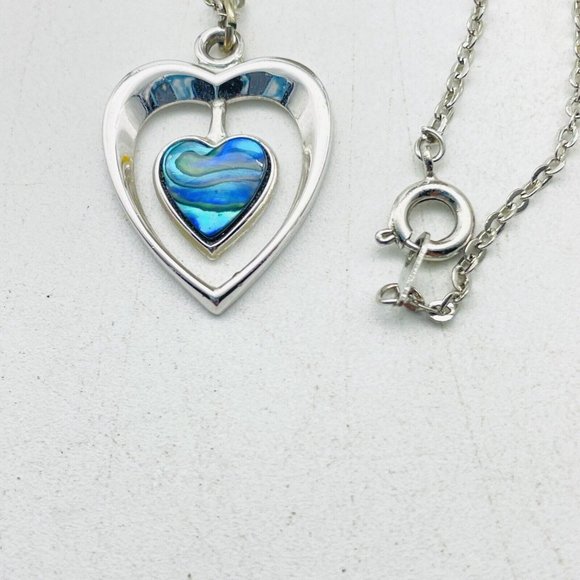 Faux Shell Double Heart Necklace Silver Tone Blue Love Valentine Friendship - Picture 3 of 6